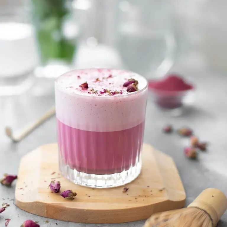 Beetroot latte made with beet powder and collagen.