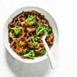 Korean beef bulgogi bowl in a white bowl.