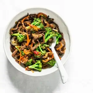 Korean beef bulgogi bowl in a white bowl.