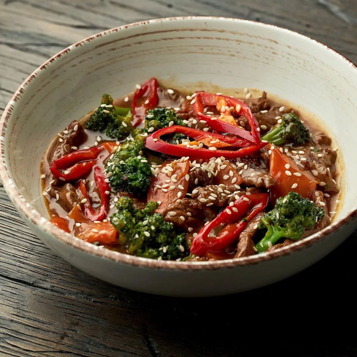 Sesame garlic beef with broccoli in a cermaic bowl.