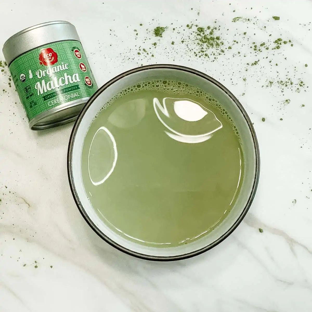 Stress relieving adaptogenic matcha latte in a mug.