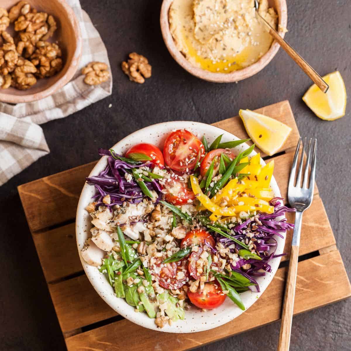Thai salad bowl served for a quick dinner recipe.