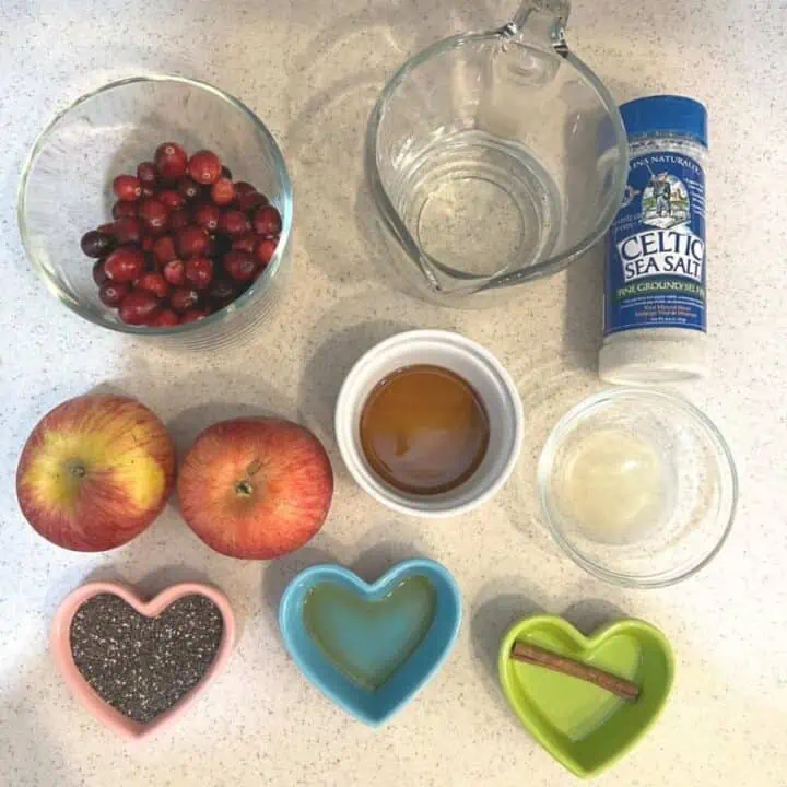Ingredients you need for cranberry apple chia seed jam recipe for the holidays.