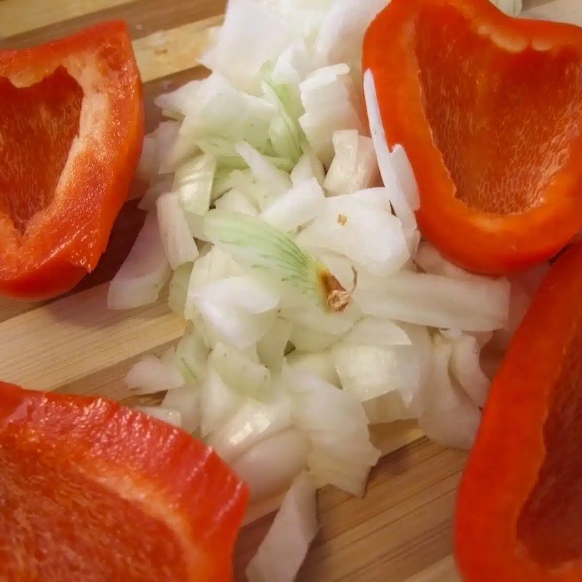 chop red pepper and onion.