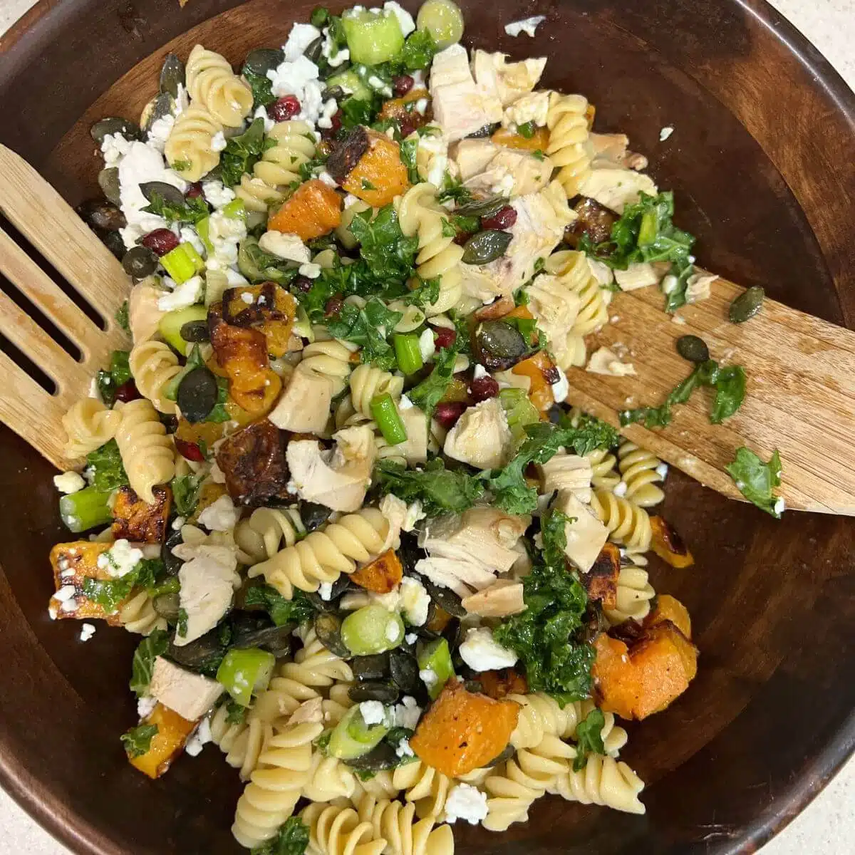 Roasted Butternut Squash Pasta With Maple Lime Dressing, a healthy harvest pasta salad.