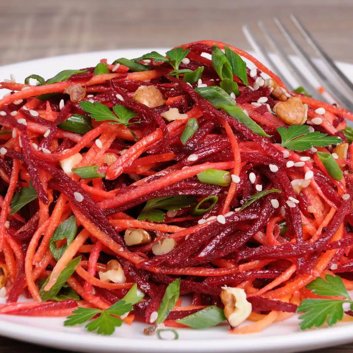 Raw carrot slaw salad made with beets and carrots for balancing hormones.
