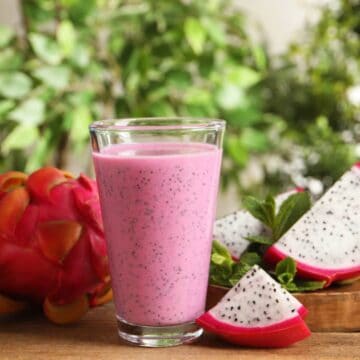 Pink power tropical spring smoothie, high in protein.