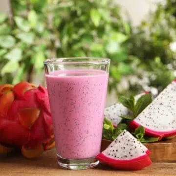 Pink power tropical spring smoothie, high in protein.
