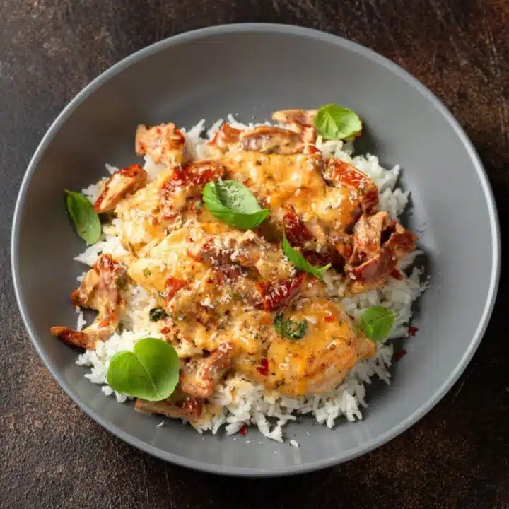 Sun dried tomato chicken over rice